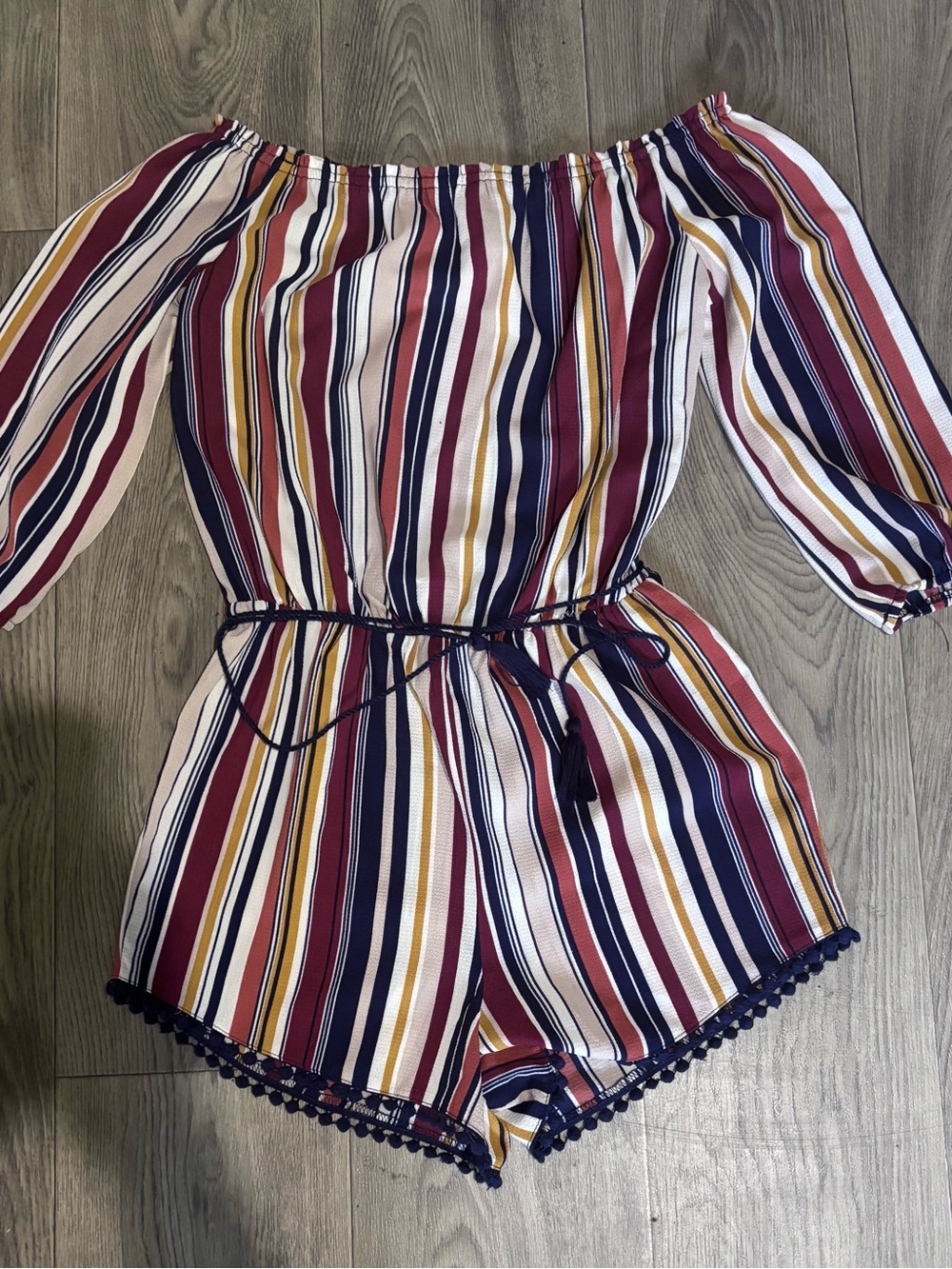 Striped Off-Shoulder  One-Piece Romper in Burgundy, Navy & Mustard
